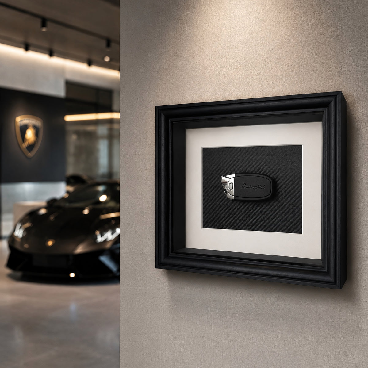 Carbon car key frame V3 with decorative car key on carbon background designer frame