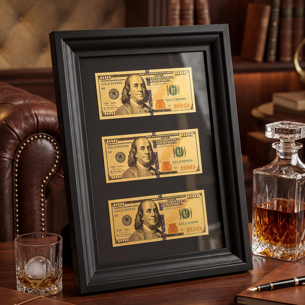 Triple Golden Dollar Frame with three decorative golden dollar bills by LUXART prestige frame designer