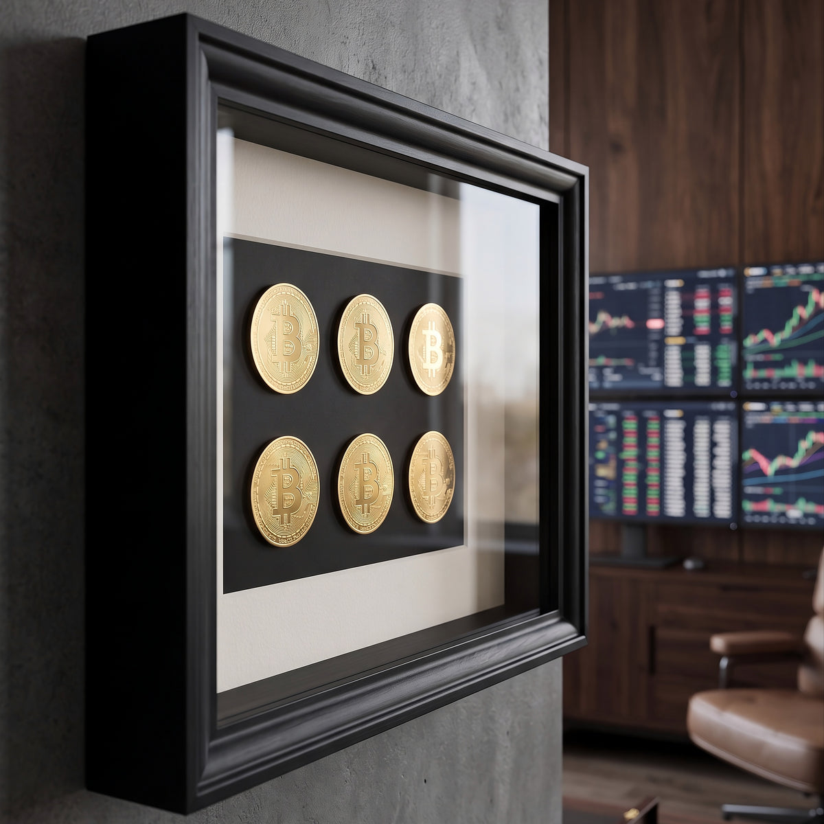 Bitcoin Frame with decorative gold crypto coins in black frame designer frame