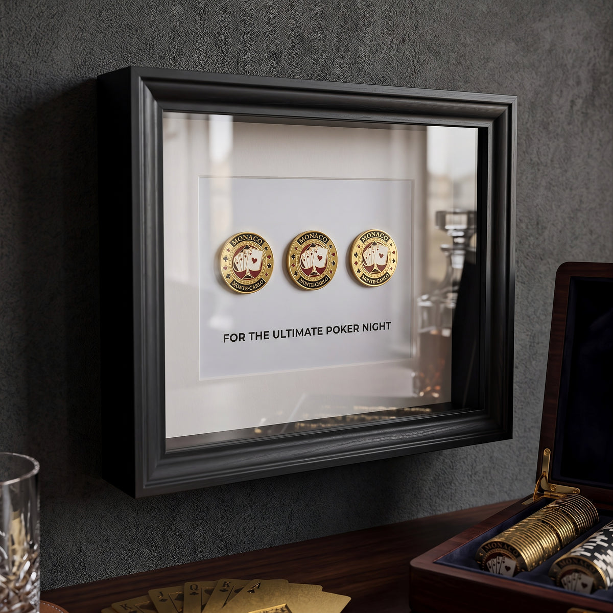 Poker Night Frame V2 with three decorative poker chips in black luxury frame designer frame