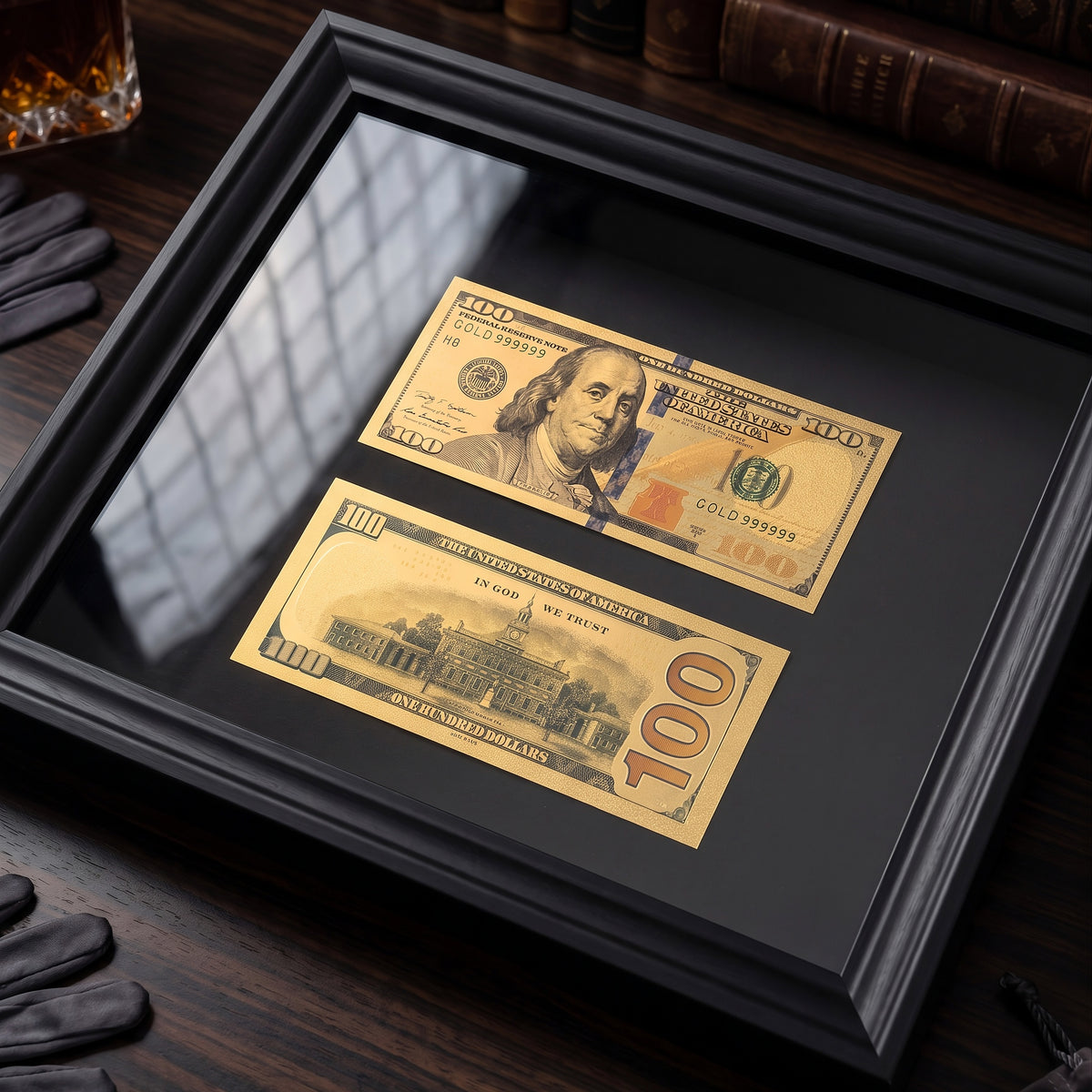 Double Golden Dollar Frame with two decorative golden dollar bills in black luxury frame designer frame