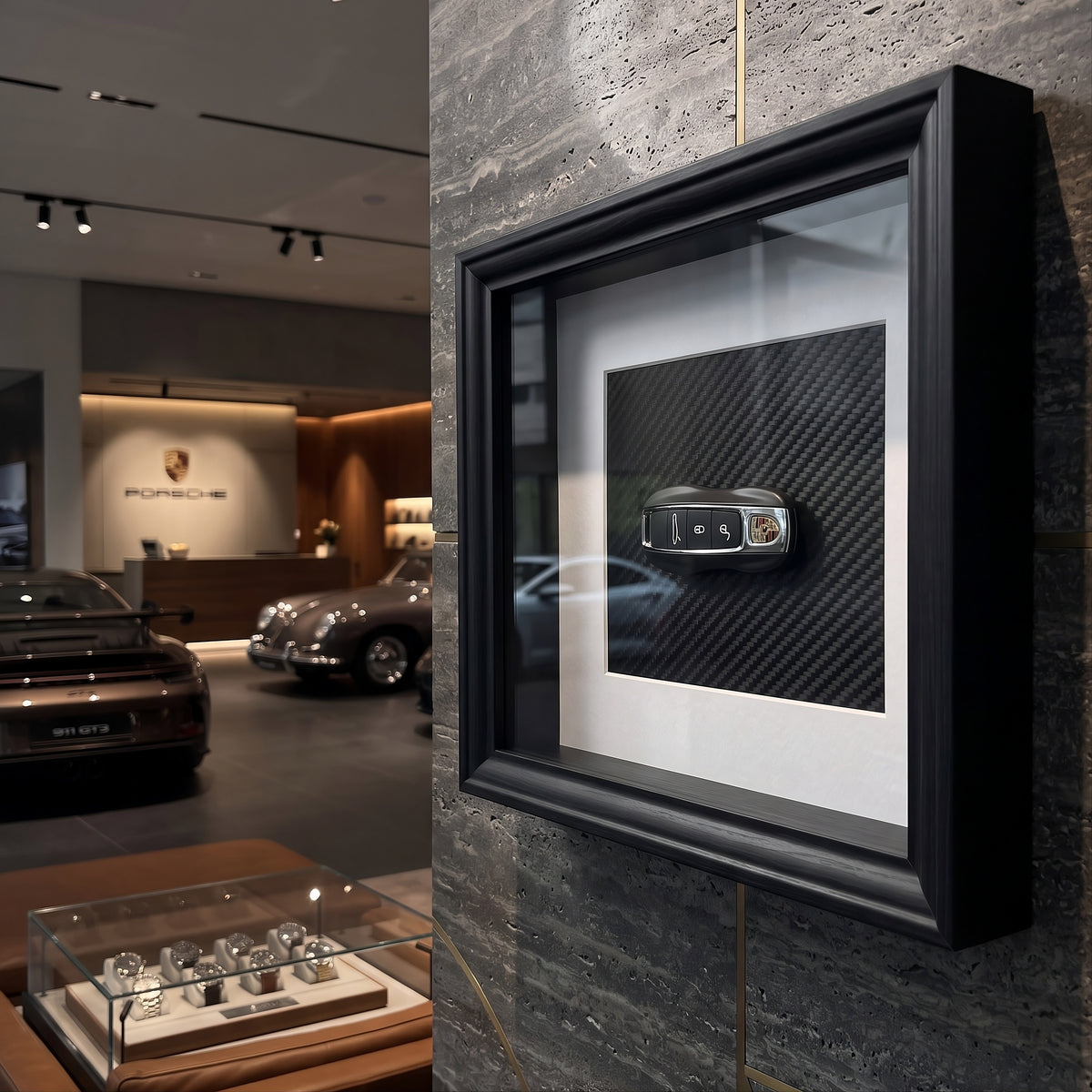 Carbon Car Key Frame V4 with dark decorative car key and carbon background designer frame